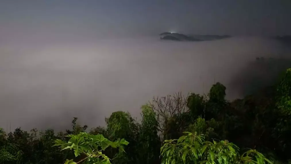 The peaceful beauty of a misty mountain range